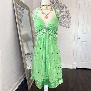 Deb Early 2000's Green Silver Sequin Fairy Babydoll Mini Halter Dress M